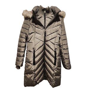 DKNY Womens size XS Winter long puffer Coat faux fur hood shawl collar bibbed